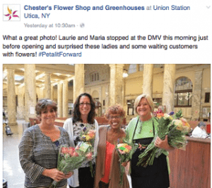 Chester’s Flower Shop & Greenhouses in Utica, New York, gave out about 750 bunches of flowers – and landed on WKTV’s news line-up in the process. “I am glad we were part of this event,” said owner Bill Waszkiewicz. 