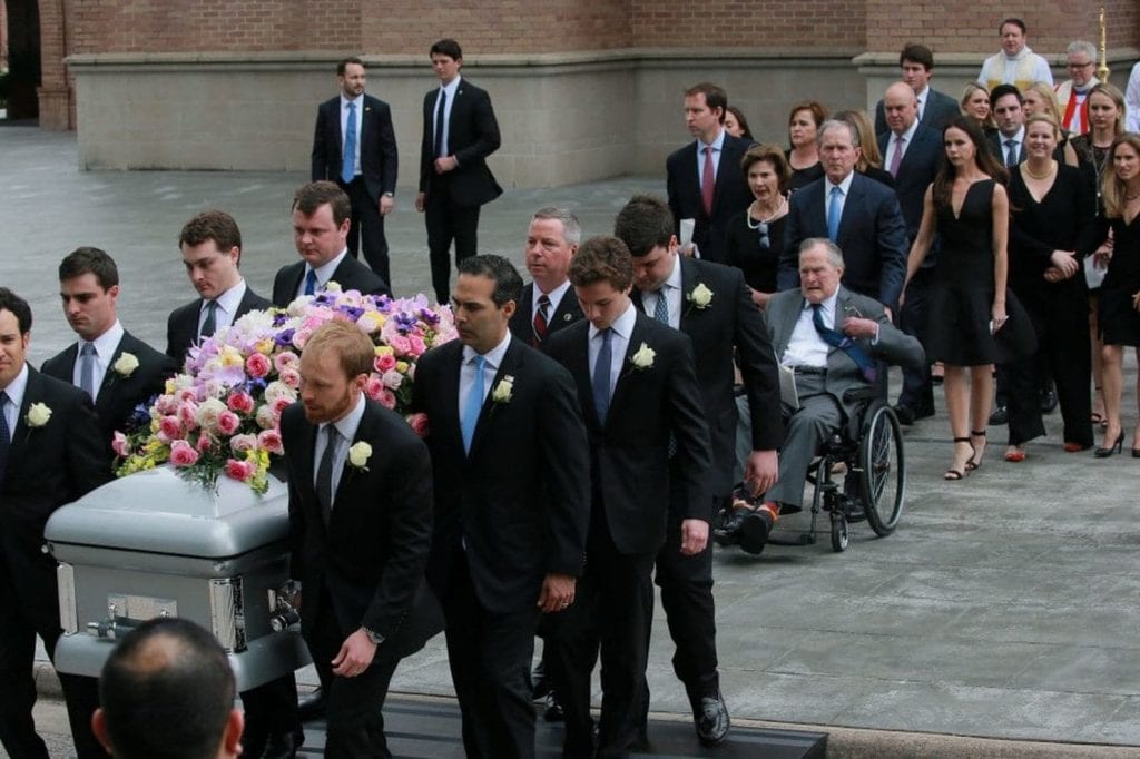 funeral, Barbara Bush, Obit, First Lady Barbara Bush's eight grandsons carry her casket out of St. Martin's Episcopal Church in Houston on Saturday. In 1990, the former First Lady was inducted into SAF’s American Academy of Floriculture.