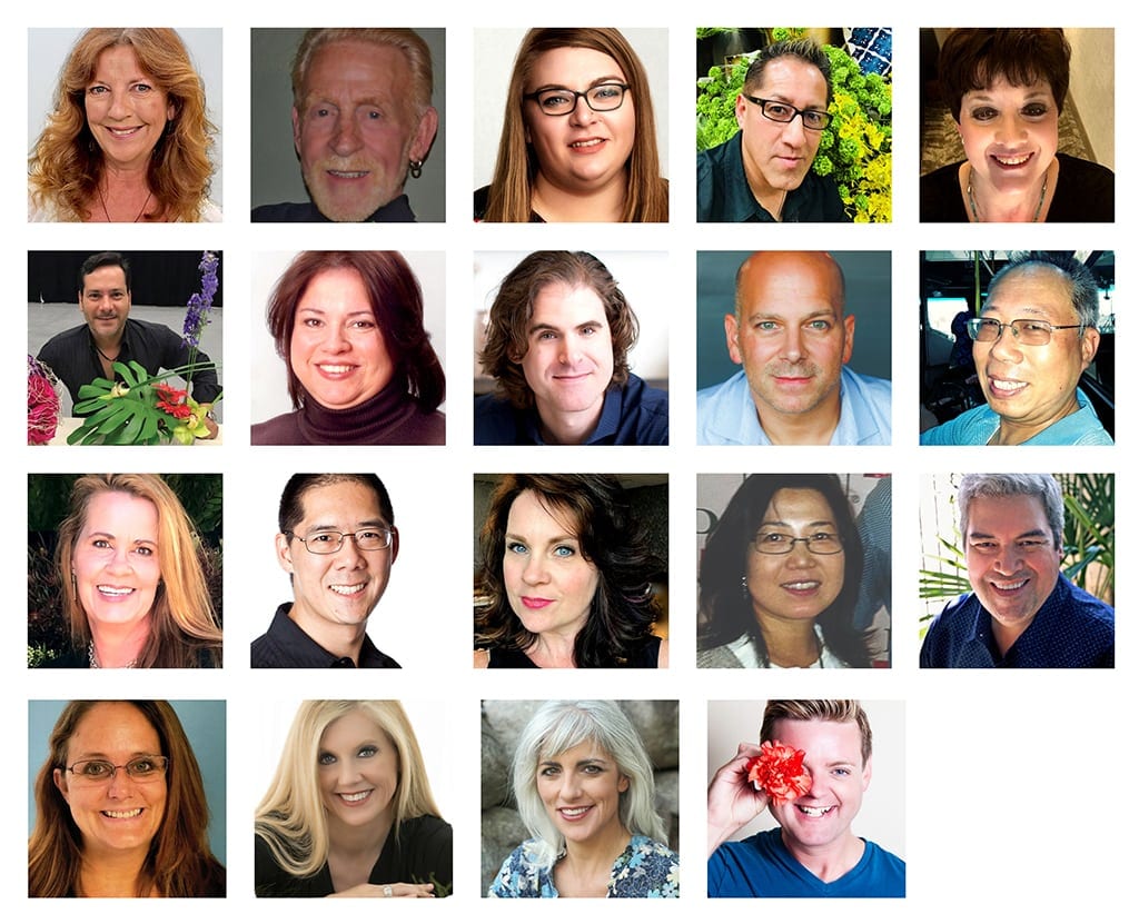 The 19 contestants participating in the Sylvia Cup Design Competition at SAF Palm Springs 2018 are from top left:<br /> Molly Boulden, NAFD, of Corum's Flowers in Omaha, Nebraska and sponsored by the Bill Doran Company - Omaha, Nebraska<br /> Lee Burcher, AIFD, CCF, PFCI, of Fleur de Lys in San Pedro, California<br /> Rebekah Casey, AIFD, of Ballard Blossom, Inc. in Seattle<br /> Vic Castillo, AIFD, of Lee's Florist & Nursery in Berkeley, California<br /> Mary Ann De Berry, CFD, TMFA, of The Florist, Ltd. in Denton Texas and sponsored by The Florist, Ltd.<br /> Alejandro Figueira Fernandes, AIFD, of Ornatus Events Productions in Davie, Florida<br /> Lisa Greene, AAF, AIFD, PFCI, of Beach Plum Flower Shop in Newburyport, Massachussettes<br /> Mark Griffith of Bouquet Floral Design Studio in Omaha, Nebraska and sponsored by the Nebraska Florists Society<br /> Adam Havrilla, AIFD, ICPF, PFCI, of Artistic Blooms, LLC in Chicago<br /> Ben Lee of Edelweiss Flower Boutique in Santa Monica, California and sponsored by the California State Floral Association<br /> Roslyn Long, AIFD, of Jasmine Creek Florist in El Cajon, California and sponsored by Jasmine Creek Florist<br /> Greg Lum, AIFD, EMC, of Lee's Florist & Nursery in San Francisco and sponsored by Lee's Florist & Nursery<br /> Carolyn Minutillo, AIFD, EMC, PFCI, of Lavender Hill LLC in Jeffersonville, Indiana and sponsored by Lavender Hill LLC<br /> Misha Park in Frederick, Maryland and sponsored by Green Valley<br /> Rey Rodriguez, AAF, AIFD, TMFA, of The Gypsy Florist in Austin Texas and sponsored by The Gypsy Florist<br /> Jenifer Rupnow of Matzke Florist in Elkhart, Indiana and sponsored by Linda & Stan Rupnow<br /> Jenna Sleeman, AIFD, of Infinite Gift in Coral Gables, Florida and sponsored by the Florida State Florists Association<br /> Lynne Tischler, AAF, CPFD, PFCI, of Your Enchanted Florist in St. Paul, Minnesota<br /> Derek Woodruff, AIFD, CF, PFCI of Floral Underground in Traverse City, Michigan