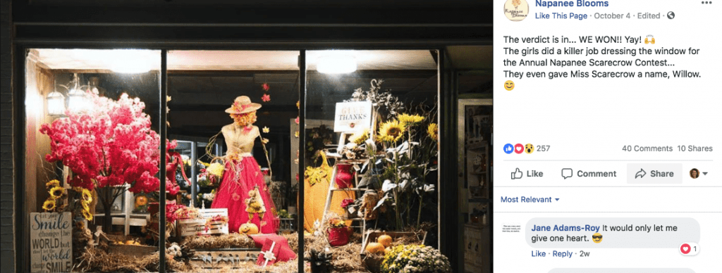 fall themed window contest A floral scarecrow window display made Napanee Blooms the talk of the town.