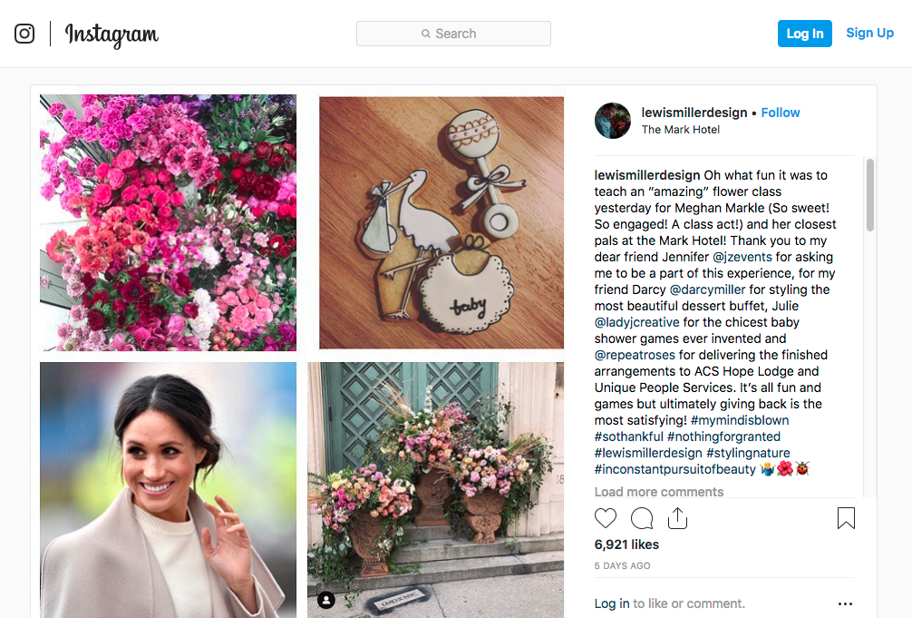 instagram post of a collage of Megan Markle's baby shower flowers Megan Markle's baby shower collage of flowers